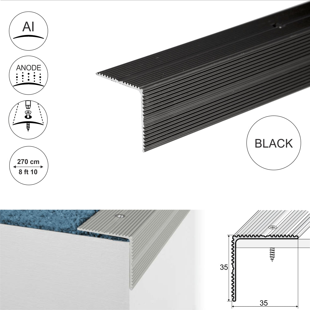 35x35mm Anodised Aluminium Non-Slip Ribbed Stair Nosing – Edge Trim for Enhanced Safety