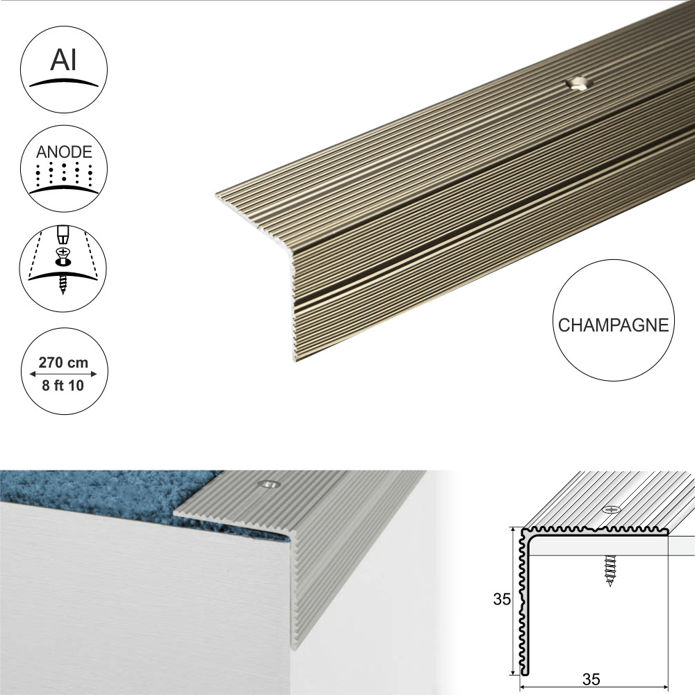 35x35mm Anodised Aluminium Non-Slip Ribbed Stair Nosing – Edge Trim for Enhanced Safety