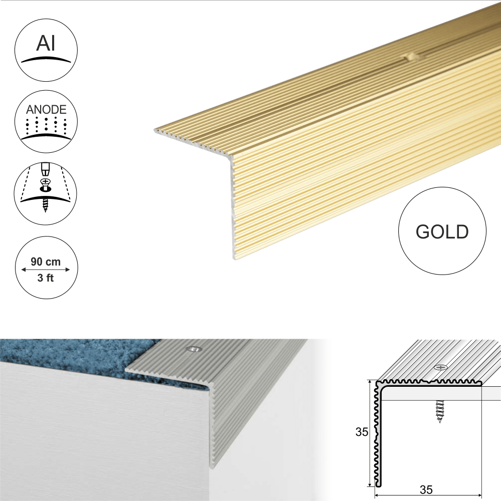 35x35mm Anodised Aluminium Non-Slip Ribbed Stair Nosing – Edge Trim for Enhanced Safety