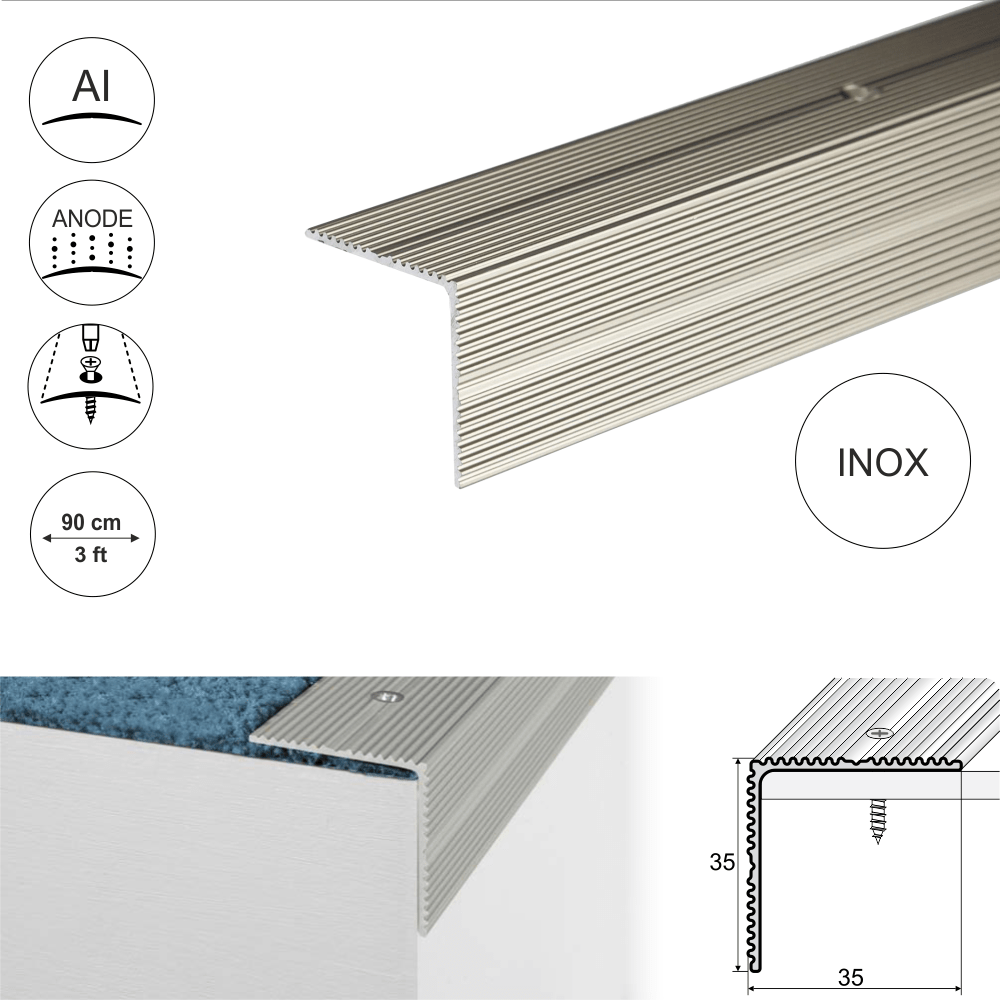 35x35mm Anodised Aluminium Non-Slip Ribbed Stair Nosing – Edge Trim for Enhanced Safety