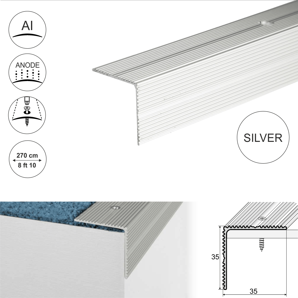 35x35mm Anodised Aluminium Non-Slip Ribbed Stair Nosing – Edge Trim for Enhanced Safety