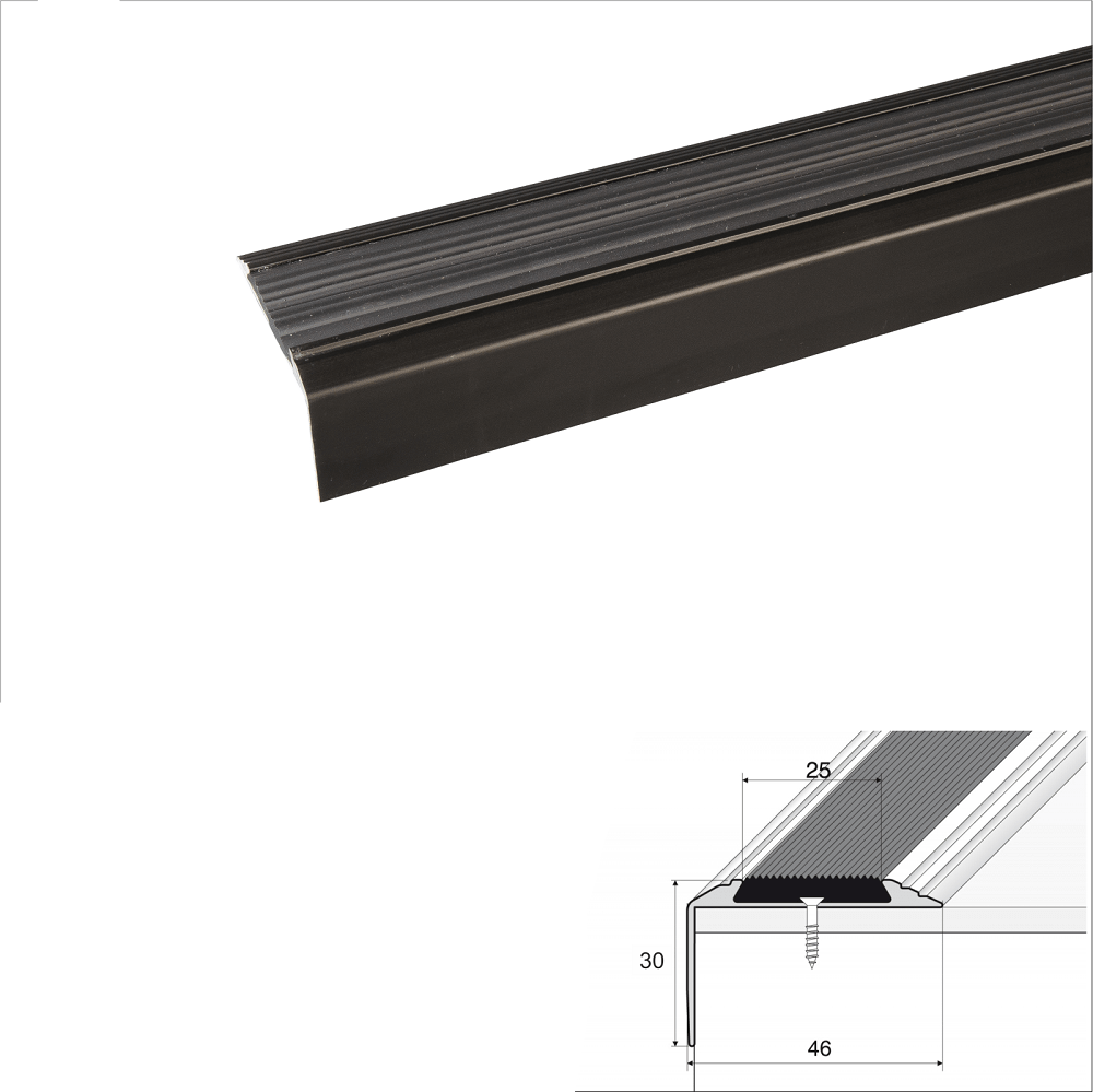 15 Pack Black – 46mm x 30mm Anodised Aluminium Non Slip Stair Nosing with Black Rubber Insert, 0.9m Length