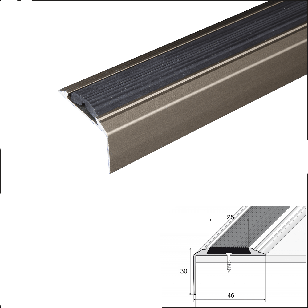 15 Pack Champagne – 46mm x 30mm Anodised Aluminium Non Slip Stair Nosing with Black Rubber Insert, 0.9m Length