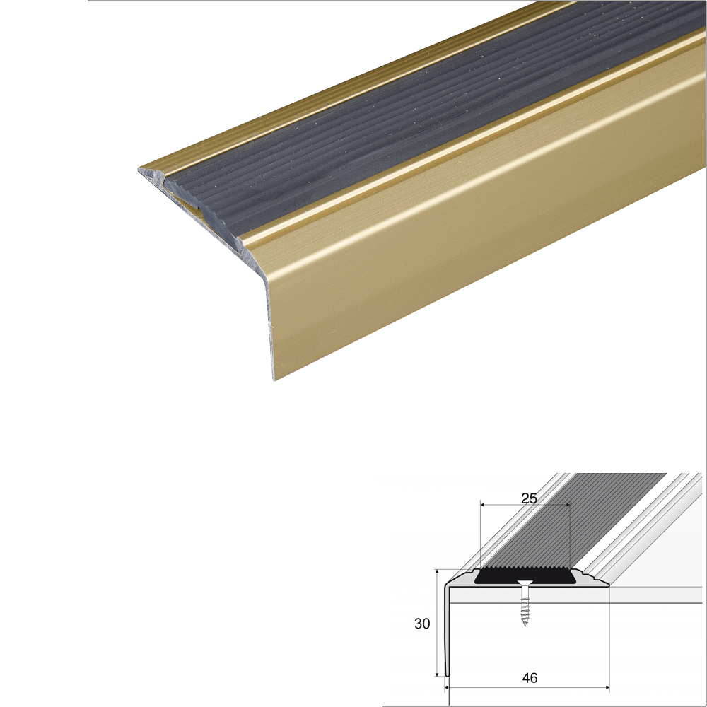15 Pack Gold – 46mm x 30mm Anodised Aluminium Non Slip Rubber Stair Nosing with Black Rubber Insert, 0.9m Length