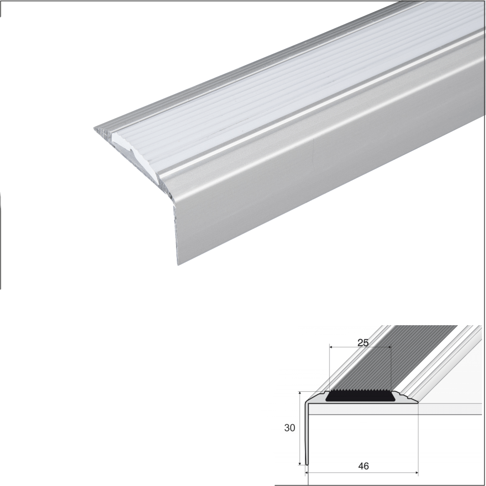 15 Pack Silver – 46mm x 30mm Anodised Aluminium Non-Slip Stair Nosing with Grey Rubber Insert, 0.9m Length