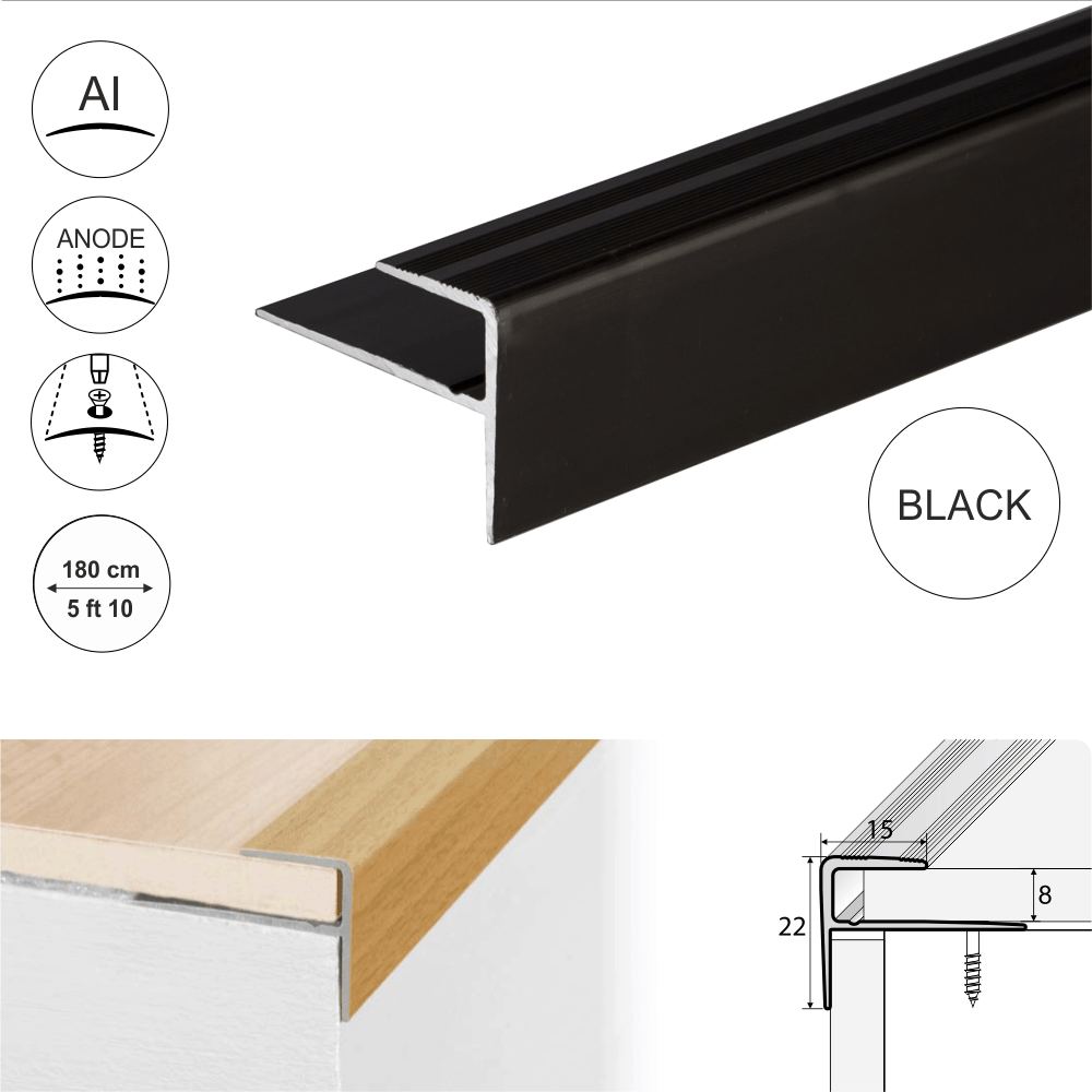 15 x 22mm Push-In Stair Nosing Edge Trim in Anodized Aluminium