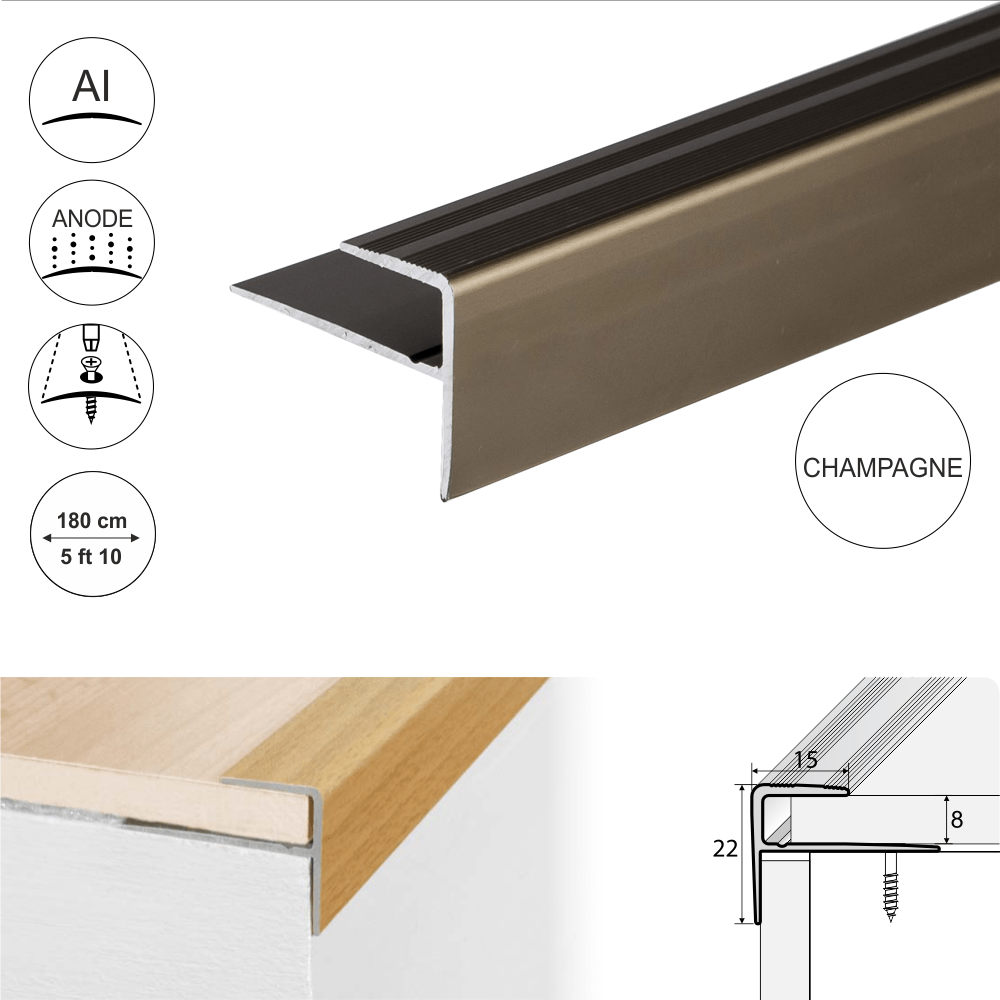 15 x 22mm Push-In Stair Nosing Edge Trim in Anodized Aluminium