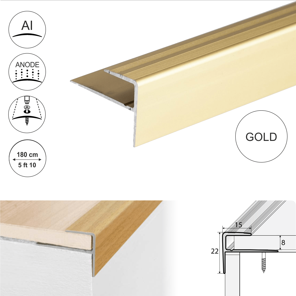 15 x 22mm Push-In Stair Nosing Edge Trim in Anodized Aluminium