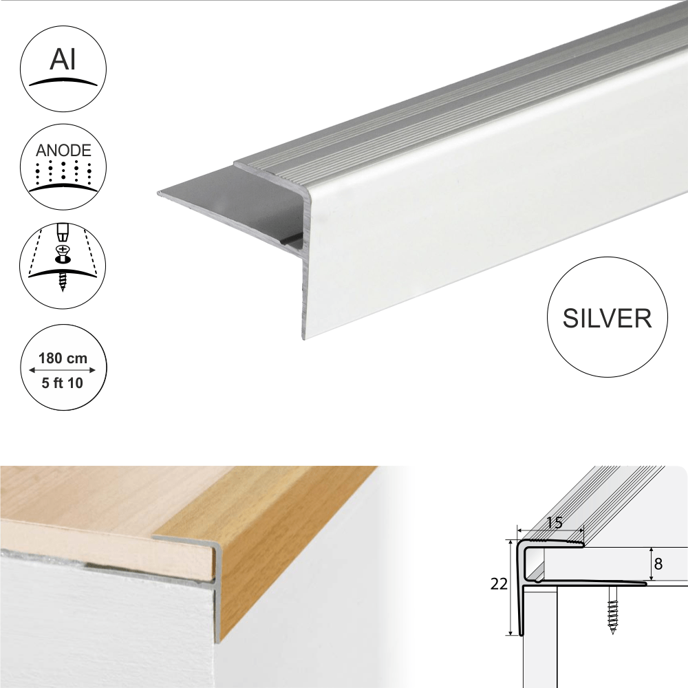 15 x 22mm Push-In Stair Nosing Edge Trim in Anodized Aluminium