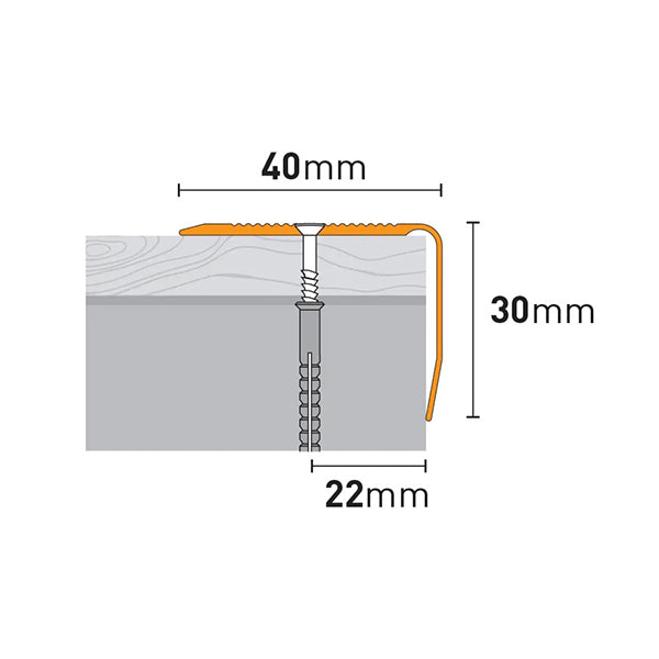 40 x 30mm Screw Fix Stair Nosing Edge Trim in Anodized Aluminum for Wooden, Laminate, and Tile Stairs