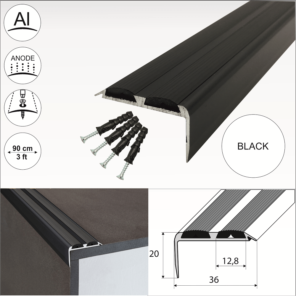 15 Pack Black - 36mm x 20mm Anodized Aluminium Stair Nosing with Black Rubber Inserts and Non Slip Feature, 0.9m Length