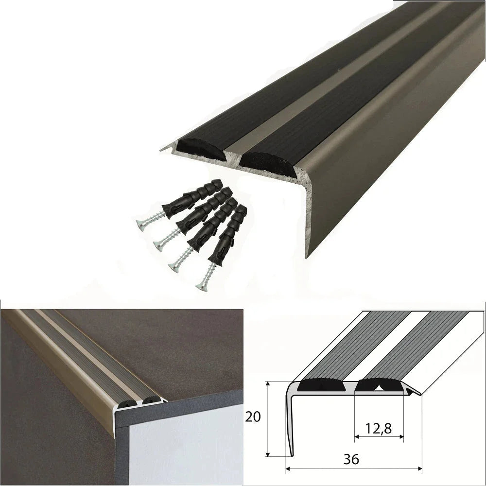 15 Pack Champagne - 36mm x 20mm Anodized Aluminium Stair Nosing with Black Rubber Inserts and Non Slip Feature, 0.9m Length