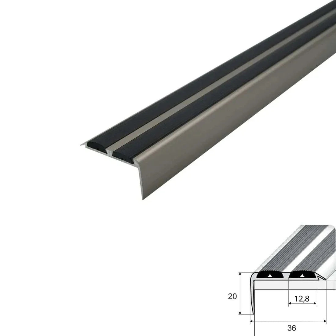 15 Pack Inox - 36mm x 20mm Anodized Aluminium Stair Nosing with Black Rubber Inserts and Non-Slip Feature, 0.9m Length