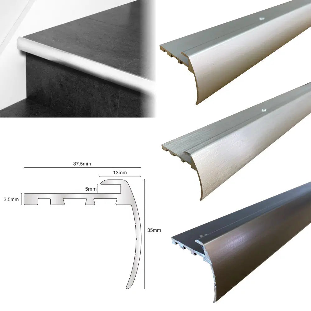 37.5 x 35mm Anodized Aluminium Bullnose Stair Nosing Edge Profile for 5mm LVT Flooring