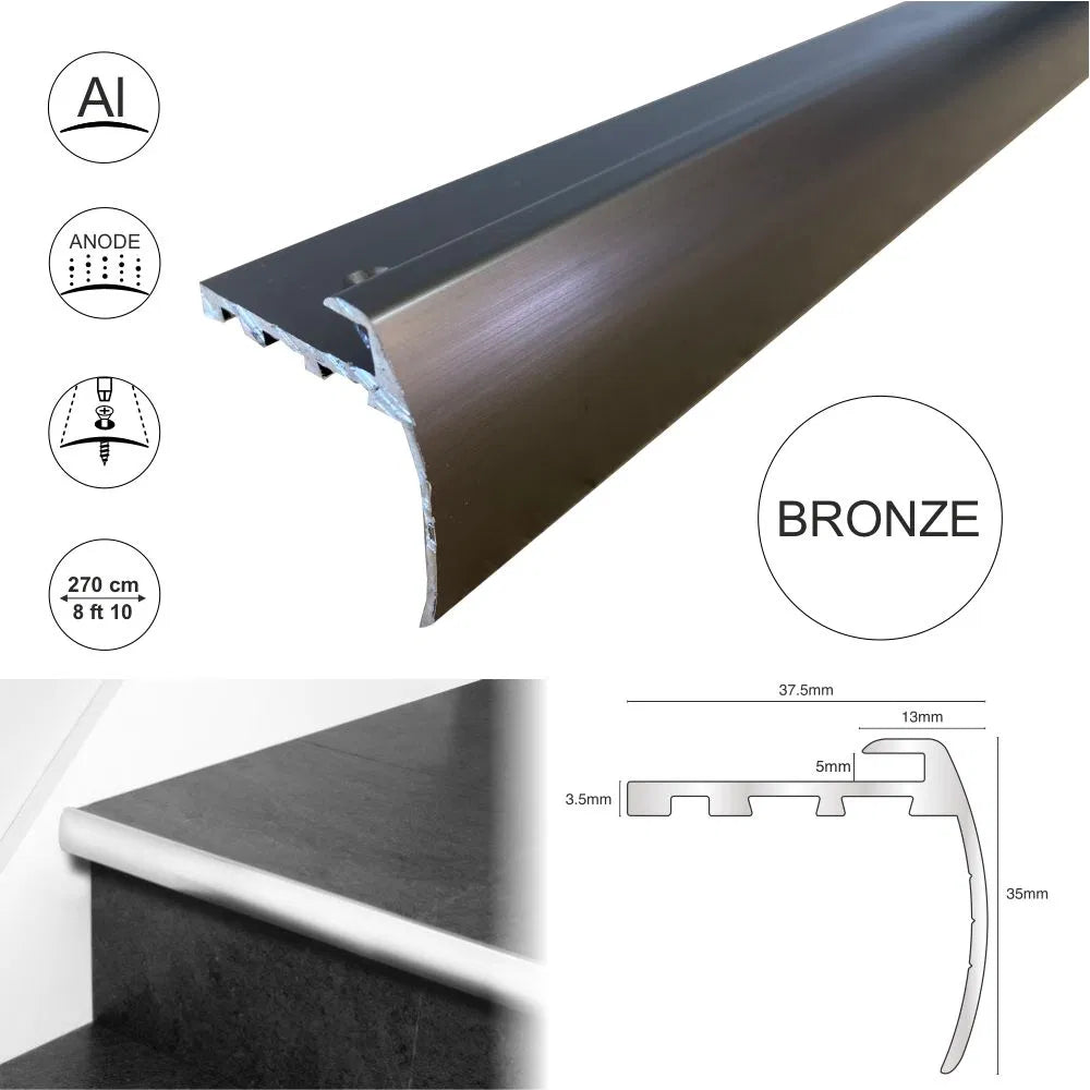 37.5 x 35mm Anodised Aluminium Bullnose Stair Nosing Edge Profile for 5mm LVT Flooring