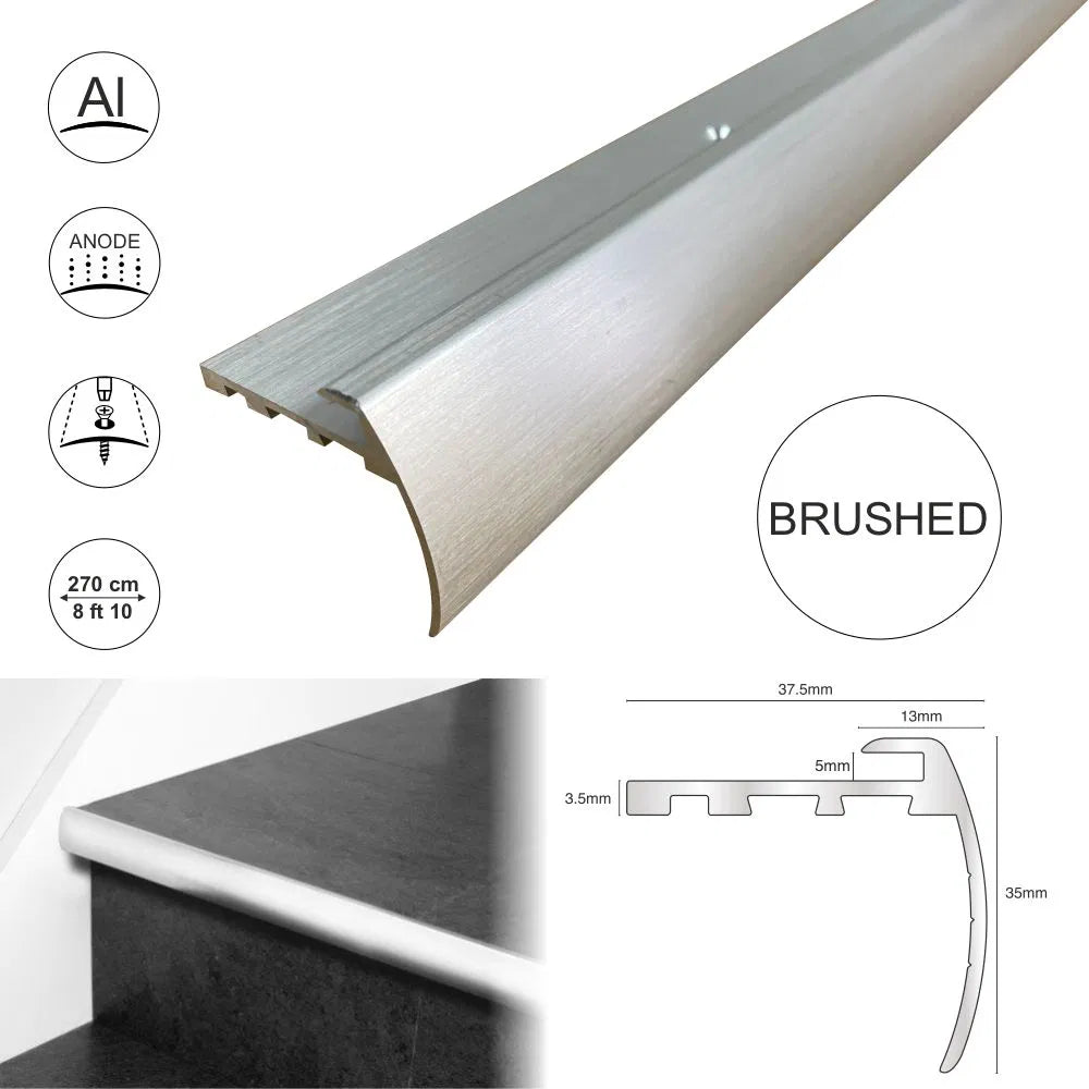 37.5 x 35mm Anodised Aluminium Bullnose Stair Nosing Edge Profile for 5mm LVT Flooring