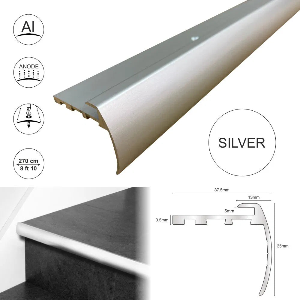 37.5 x 35mm Anodized Aluminium Bullnose Stair Nosing Edge Profile for 5mm LVT Flooring