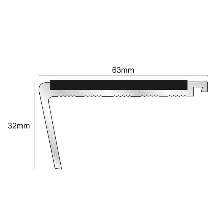 63 x 32mm Non Slip Aluminium Stair Nosing – DDA Compliant, PVC Insert for Enhanced Safety in Commercial Environments