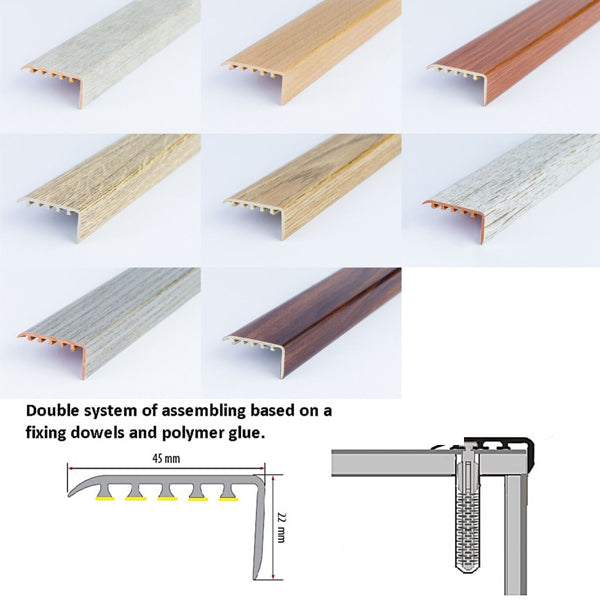 45 x 22mm Wood Effect UPVC Stair Edge Trim Nosing for Wooden and Laminate Stairs