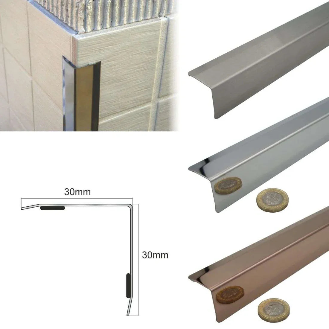 30x30mm Stainless Steel Corner Protector Wall Cladding Trim with Beveled Edges