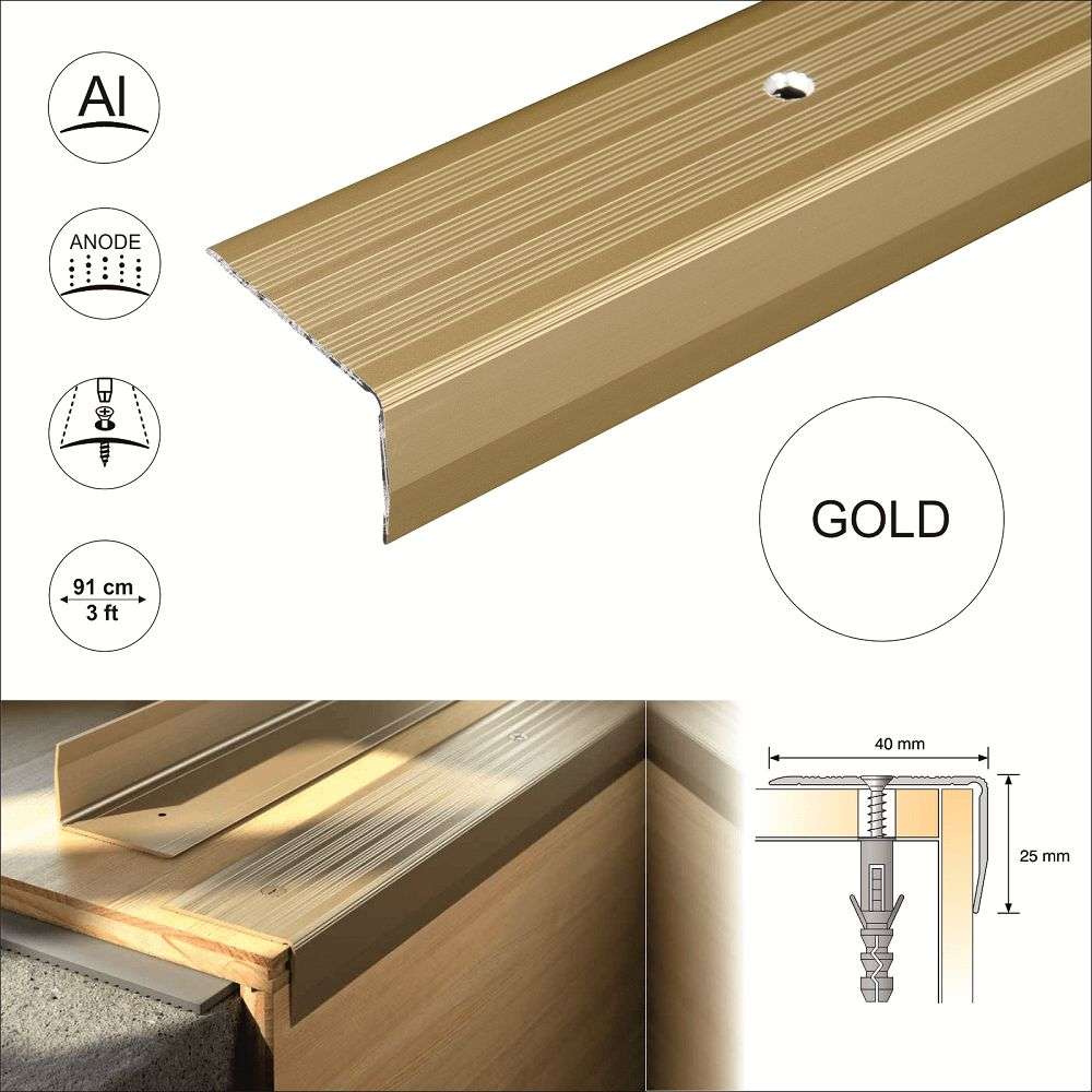 40mm x 25mm Anodized Aluminium Stair Nosing with Non Slip Ribbed Tread Trim