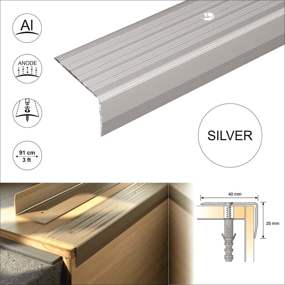 40mm x 25mm Anodized Aluminium Stair Nosing with Non Slip Ribbed Tread Trim