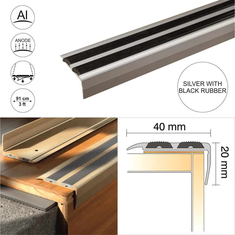 40 x 20mm Self Adhesive Anodised Aluminium Stair Nosing with Non Slip Rubber Insert