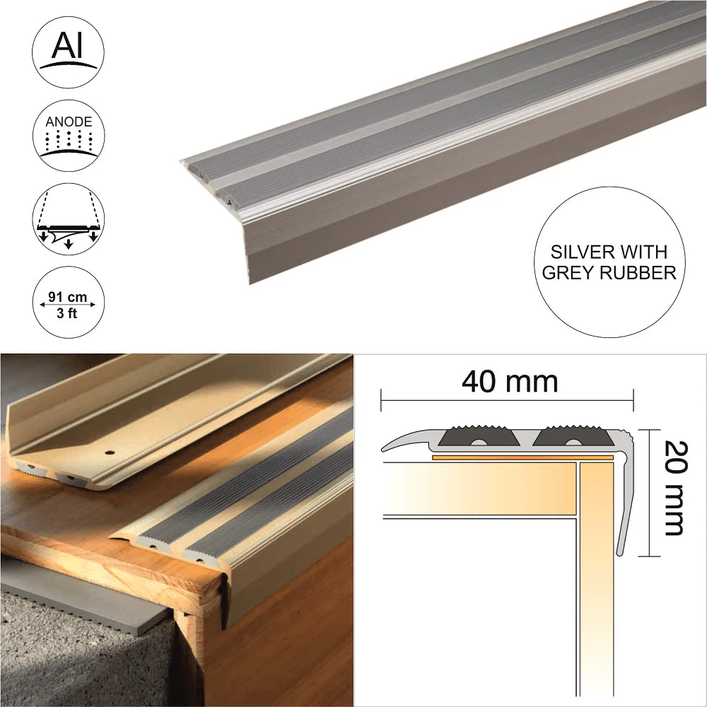 40 x 20mm Self Adhesive Anodised Aluminium Stair Nosing with Non Slip Rubber Insert