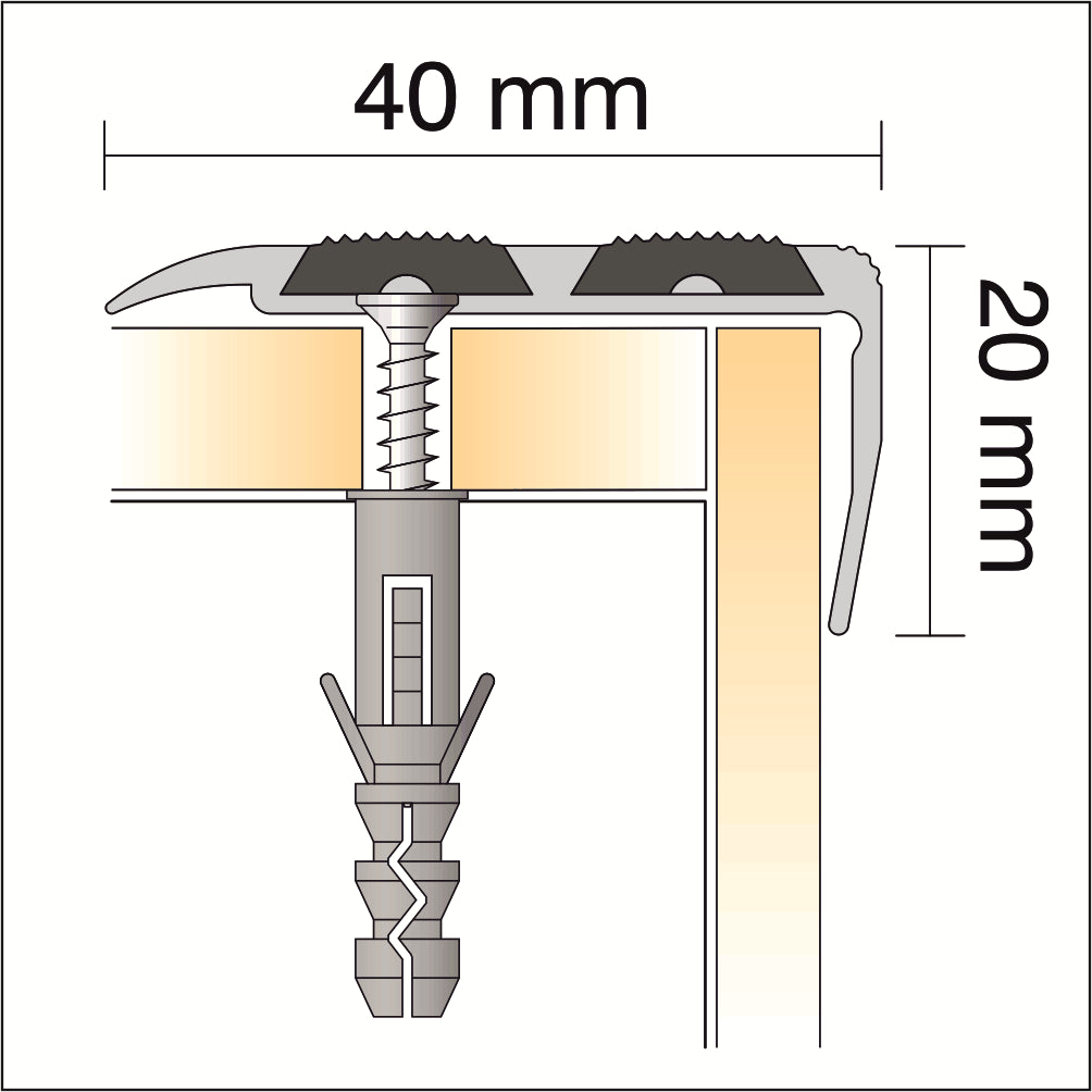 40 x 20mm Anodized Aluminium Stair Nosing Edge Trim with Non-Slip Rubber Insert