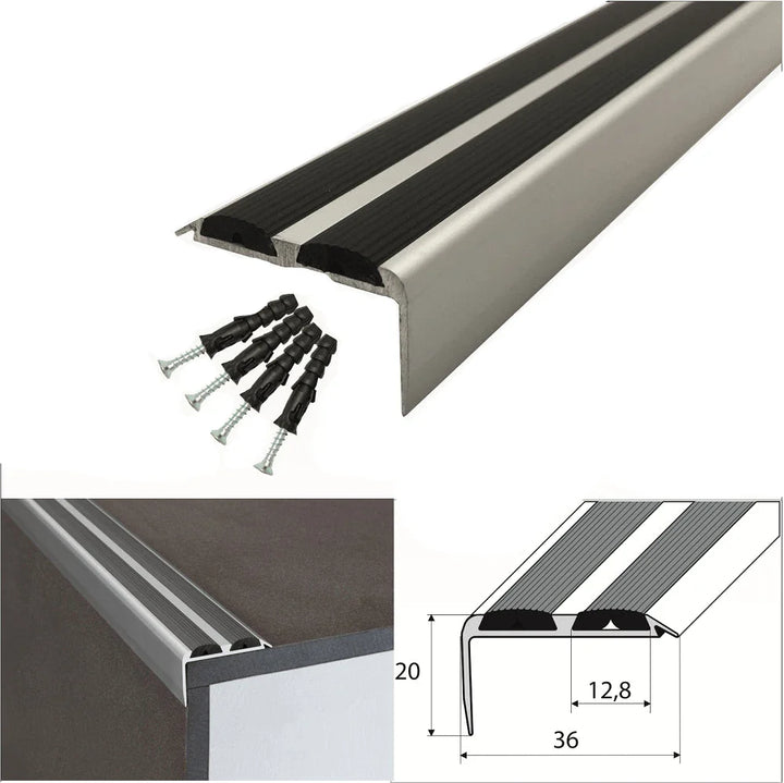 15 Pack Silver – 36mm x 20mm Anodized Aluminium Stair Nosing with Black Rubber Inserts and Non Slip Feature, 0.9m Length