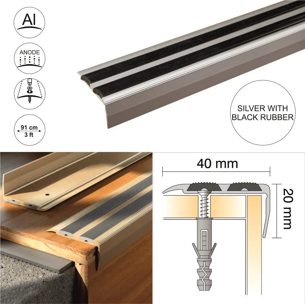 40 x 20mm Anodized Aluminium Stair Nosing Edge Trim with Non-Slip Rubber Insert