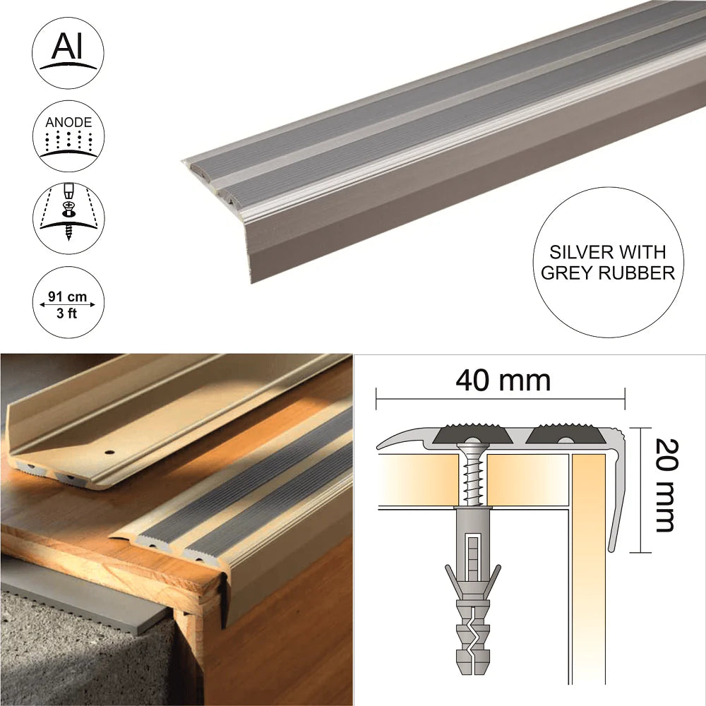 40 x 20mm Anodized Aluminium Stair Nosing Edge Trim with Non-Slip Rubber Insert